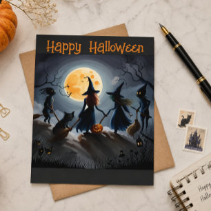 Carte Postale Sorcières Fantaisistes Chats Noirs Pleine Lune Vin
