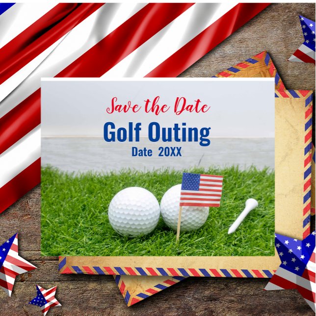 Carte Postale Sortie de golf, Sauvegarder la date avec le drapea (Créateur téléchargé)