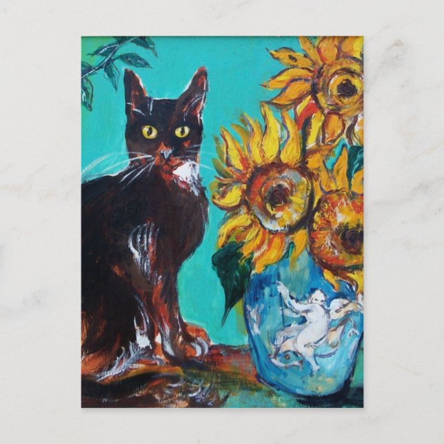 CARTE POSTALE SOUCHES AVEC CHAT NOIR EN TURQUOISE BLEUE (Devant)