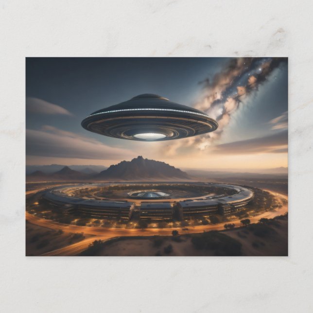 Carte Postale Soucoupe volante UFO au-dessus d'une ville Alien (Devant)