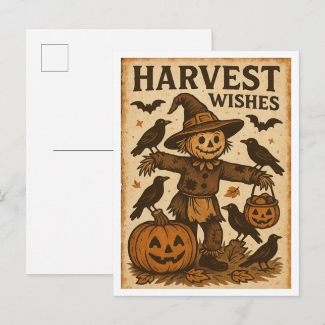 Carte Postale Souhaits de récolte Halloween vintage (Devant / Derrière)
