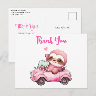Carte Postale Sourire rose Sloth conduisant un Merci convertible