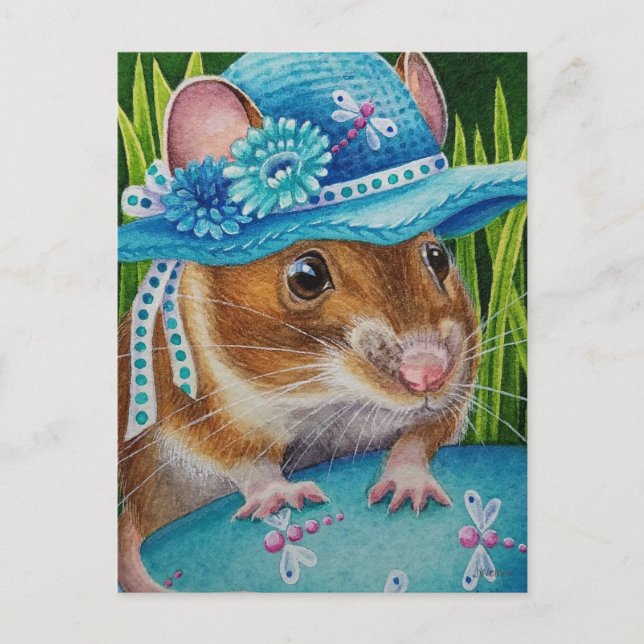 Carte Postale Souris à Bonnet Trouvé Oeuf Bleu Aquarelle Art (Devant)