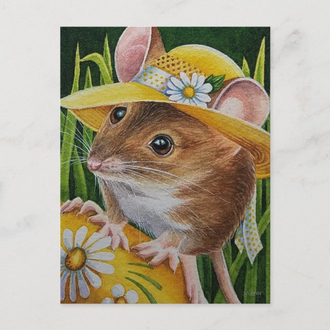 Carte Postale Souris à Bonnet Trouvé Oeuf Jaune Aquarelle Art (Devant)