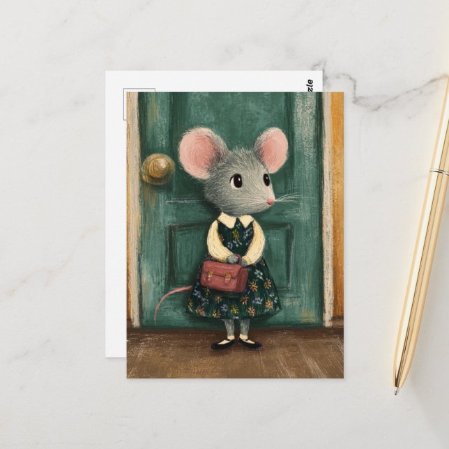 Carte Postale Souris adorable à son premier jour d'école (Devant/Arrière en situation)