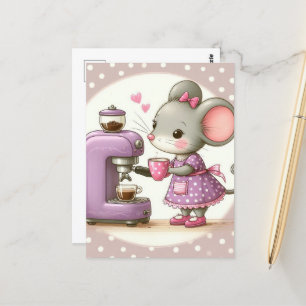 Carte Postale Souris adorable en robe violette faisant du café