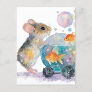 Carte Postale Souris adorable et poisson d'or
