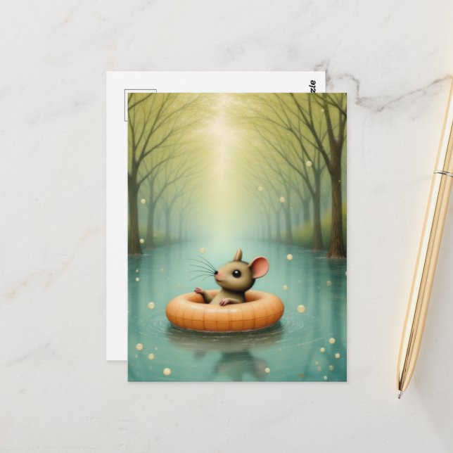 Carte Postale Souris adorable flottant sur un lac (Devant/Arrière en situation)