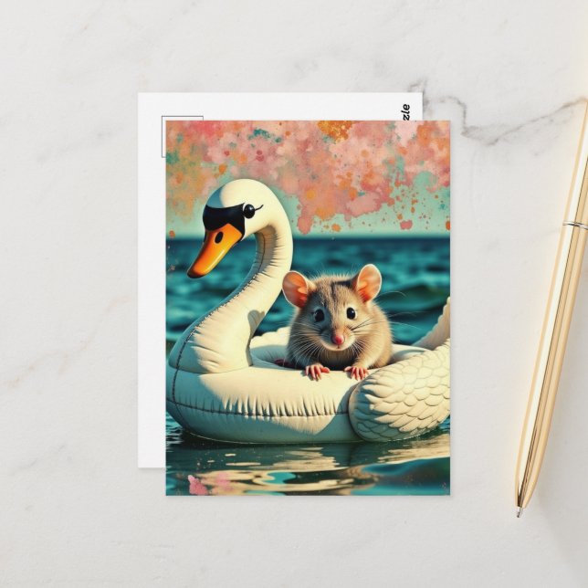 Carte Postale Souris adorable sur un radeau de cygne (Devant/Arrière en situation)