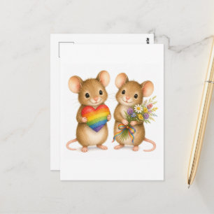 Carte Postale Souris adorables avec cœur arc-en-ciel et fleurs