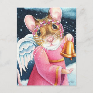Carte Postale Souris ange de Noël sonnant la cloche Art aquarell