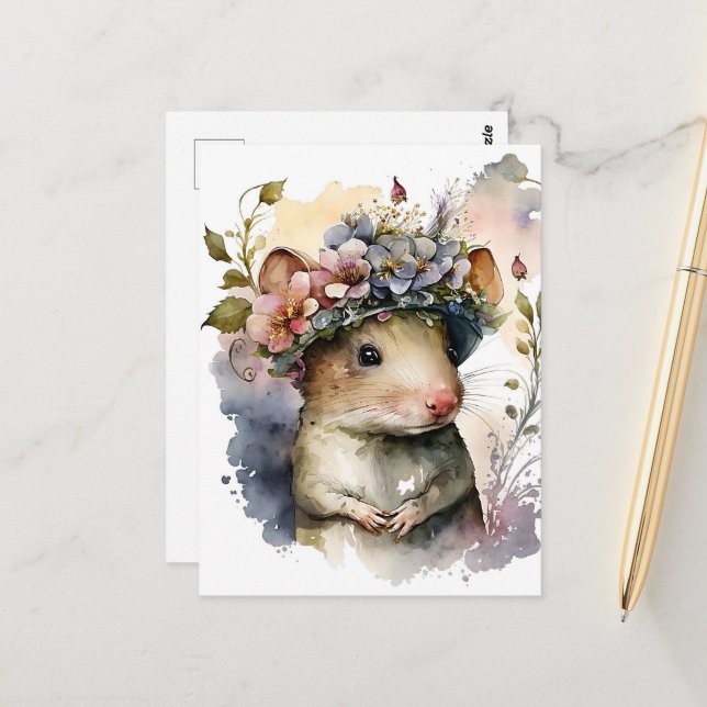 Carte Postale Souris aquarelle adorable (Devant/Arrière en situation)