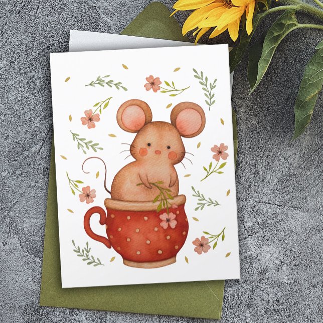 Carte Postale Souris Aquarelle Cute Dans Un Teup Anniversaire (Créateur téléchargé)