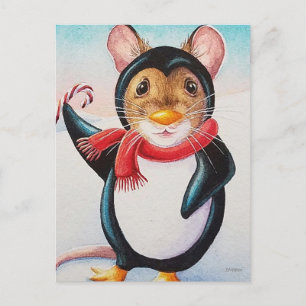 Carte Postale Souris aquarelle fantaisiste de manchot du pôle No