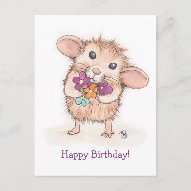 Carte Postale Souris avec bouquet de fleurs Joyeux anniversaire (Devant)