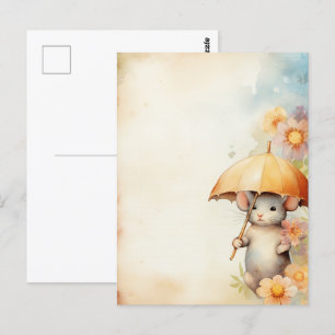 Carte Postale Souris avec fond aquarelle de parapluie jaune