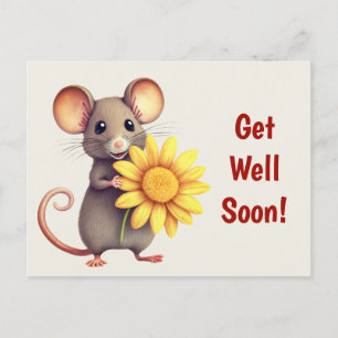Carte Postale Souris avec la Fleur Jaune Mignonne Remettez-vous