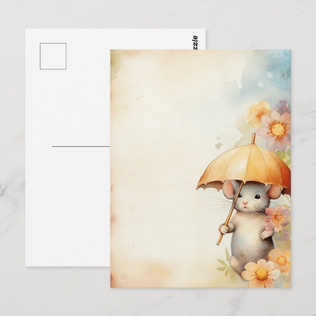 Carte Postale Souris avec parapluie jaune arrière - plan (Devant / Derrière)