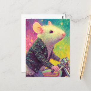 Carte Postale Souris blanche adorable dans une veste en cuir noi