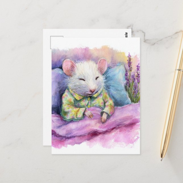 Carte Postale Souris blanche dormante adorable en PJ Aquarelle (Devant/Arrière en situation)