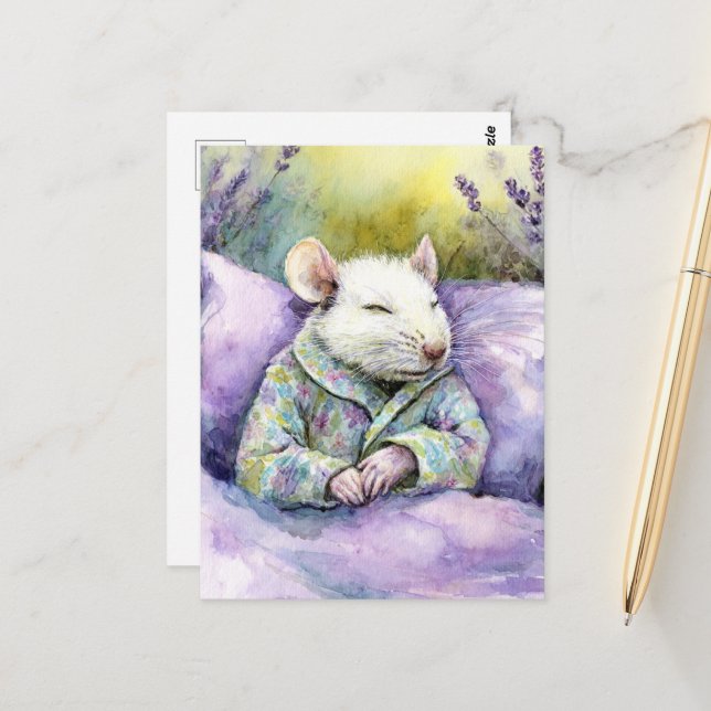 Carte Postale Souris blanche endormie mignonne (Devant/Arrière en situation)