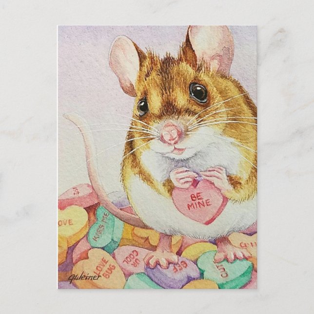 Carte Postale Souris Brown Be Mine Valentine Candy Aquarelle Art (Devant)