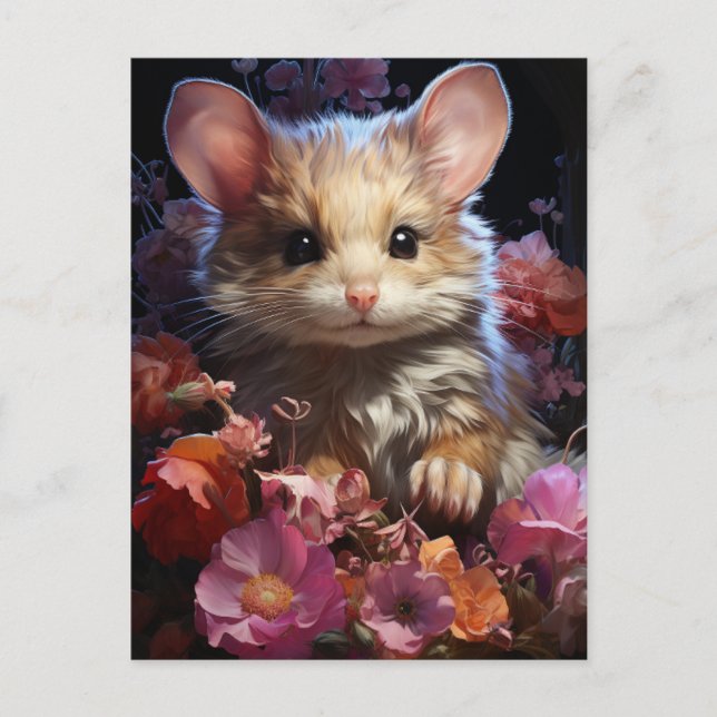 Carte Postale Souris Brown Fluffy Imaginaire dans les fleurs (Devant)