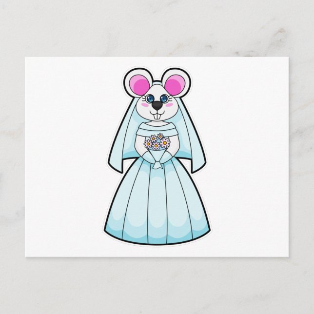 Carte Postale Souris comme mariée avec bouquet de fleurs (Devant)