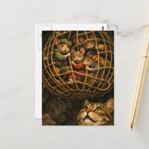 Carte Postale Souris dans un piège dans une grotte avec un chat