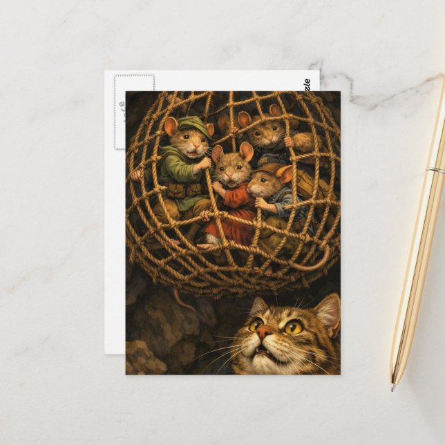 Carte Postale Souris dans un piège dans une grotte avec un chat (Devant/Arrière en situation)