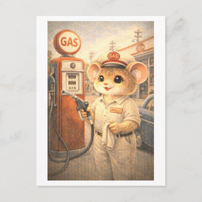Carte Postale Souris de carrière comme préposé à la station-serv (Devant)