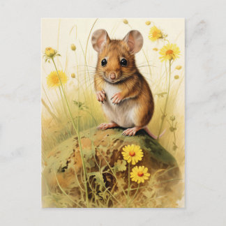 Carte Postale Souris de champ mignonne avec Fleurs Jaunes
