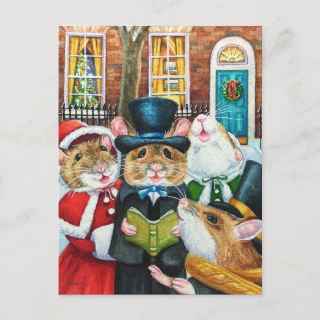Carte Postale Souris de Noël chantant un chant de Dickens aquare (Devant)