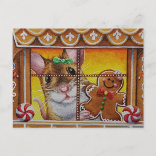 Carte Postale Souris d'épices Maison Souris & Cookie Aquarelle A