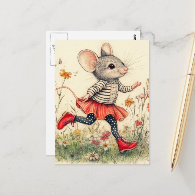 Carte Postale Souris drôle adorable courant dans les fleurs (Devant/Arrière en situation)