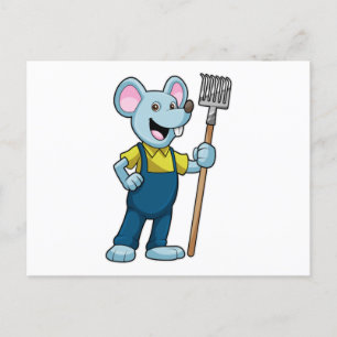 Carte Postale Souris en fermier avec râteau
