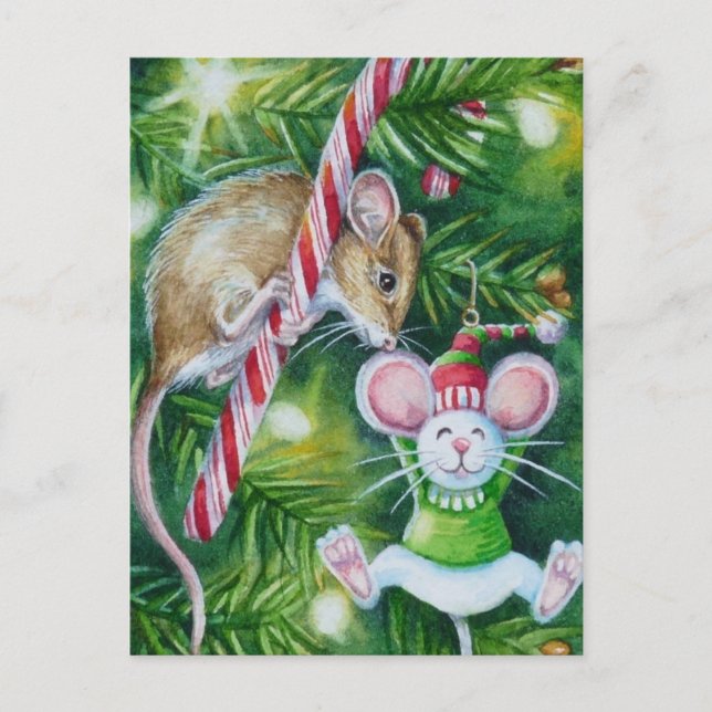 Carte Postale Souris et décoration de sapin de Noël en aquarelle (Devant)