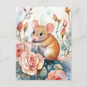 Carte Postale souris et rose