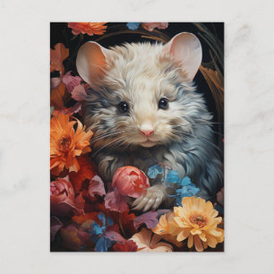Carte Postale Souris Fantastique et Fluffy dans les Fleurs
