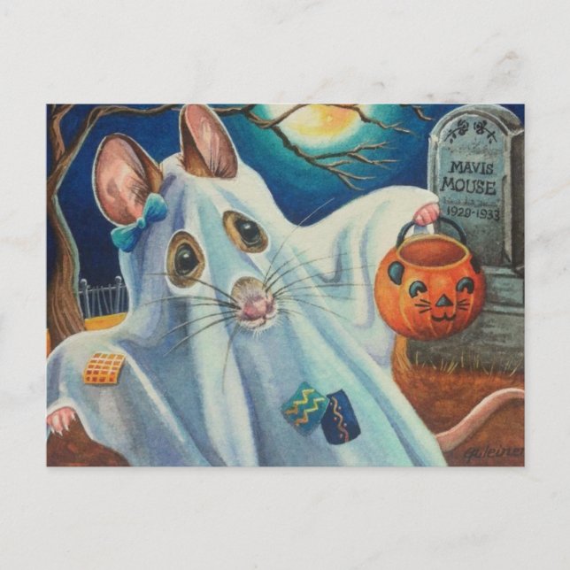 Carte Postale Souris fantôme en costume d'Halloween, Art aquarel (Devant)