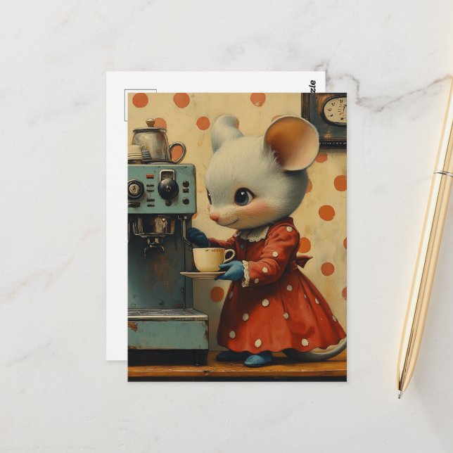 Carte Postale Souris grise mignonne fait du café (Devant/Arrière en situation)