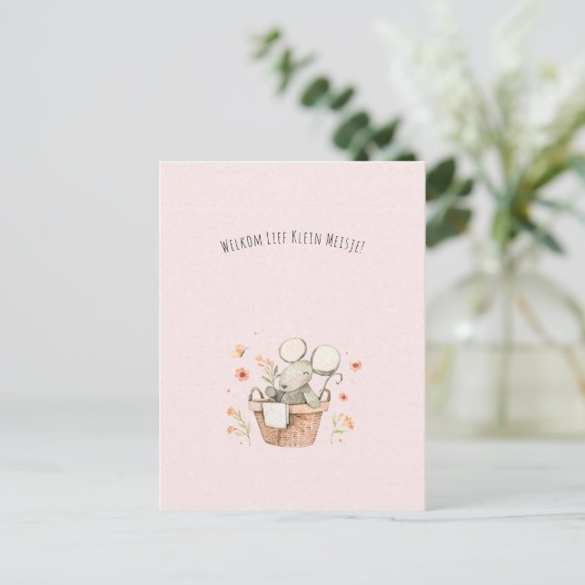 Carte Postale Souris Mignonne Avec Fleurs Bienvenue Nouveau Bébé (Debout devant)