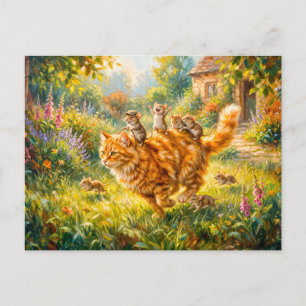 Carte Postale Souris montant un chat à travers le jardin