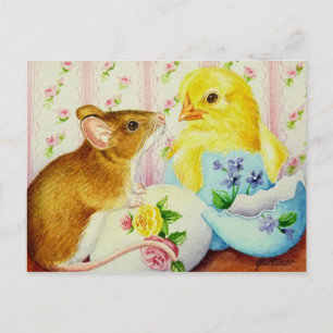 Carte Postale Souris rencontre bébé poussette Pâques aquarelle a