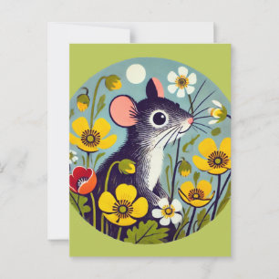 Carte Postale Souris Rétro avec Bouton d'Or