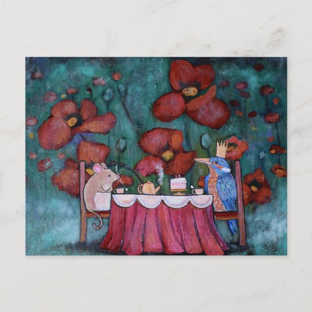 Carte Postale Souris Whimsical Tea Party et oiseaux (Devant)