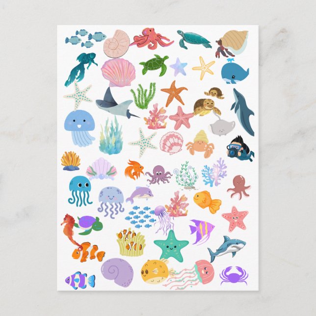 Carte Postale Sous la mer, Aquarelle Impression, Décor fin (Devant)