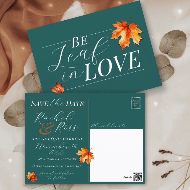 Carte Postale Soyez en amour Mariage de automne Turquoise Enregi (Fall teal burnt orange rust terracotta Be Leaf in Love modern Autumn wedding save the date postcard)