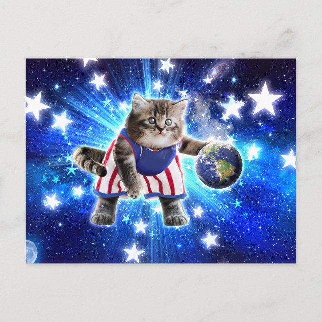 Carte Postale Space cat jouant au basket (Devant)