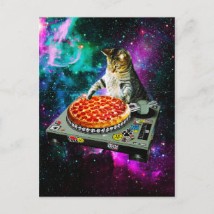 Carte Postale Space dj chat pizza